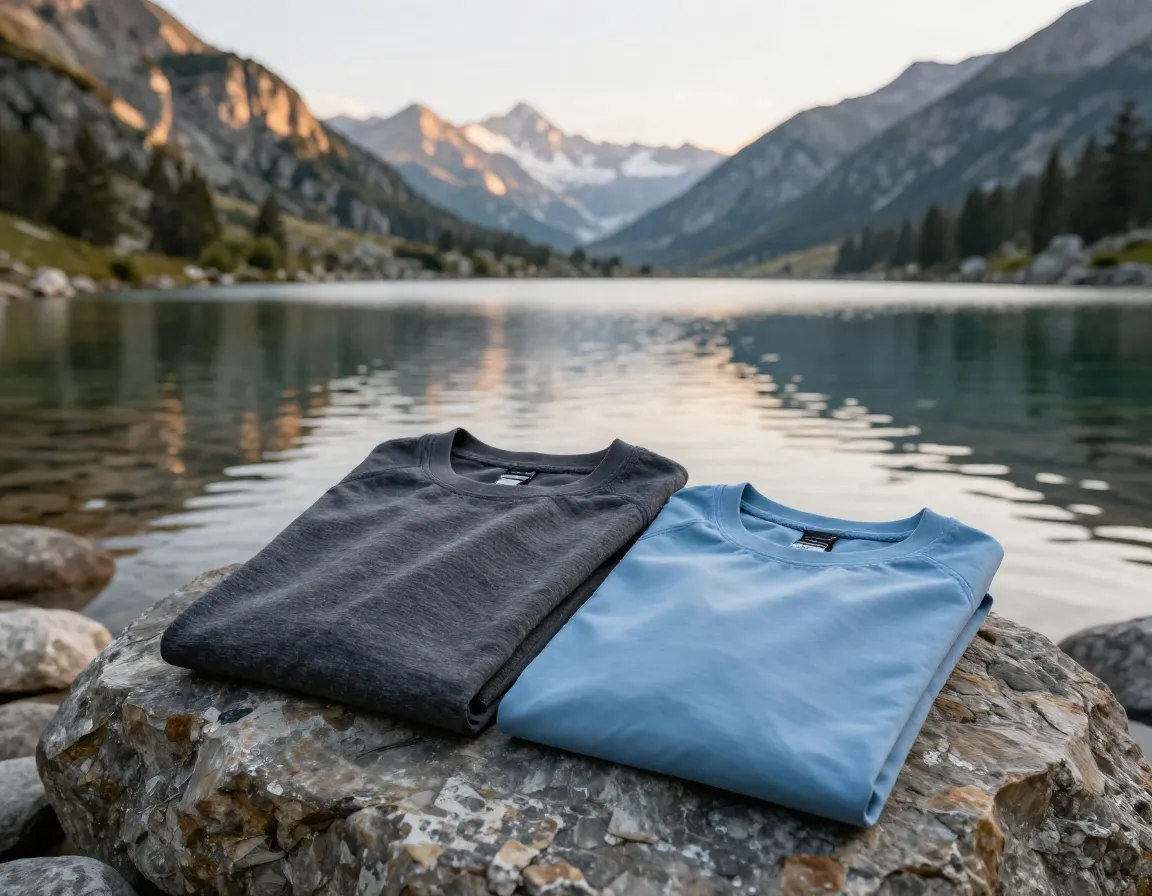 Two technical t shirts folded neatly beside a mountain lake