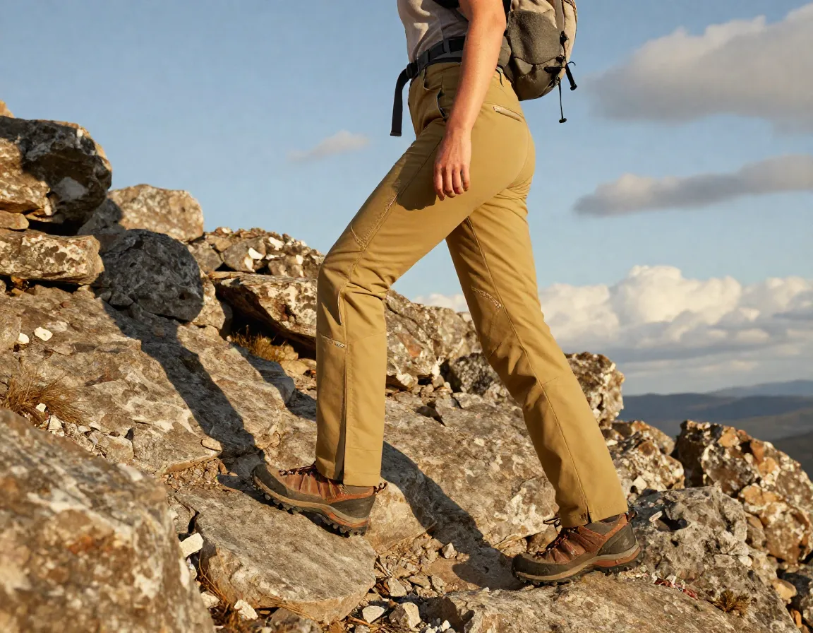 Kuhl trekr weather resistant pants on rocky hiking approach trail