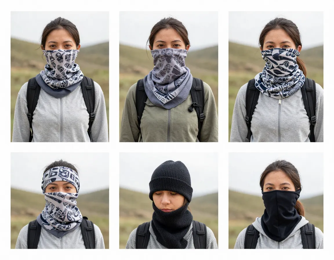 Multifunctional buff scarf worn five different ways collage