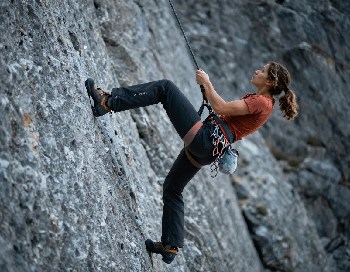 Patagonia terravia alpine pants demonstrating amazing stretch on rock