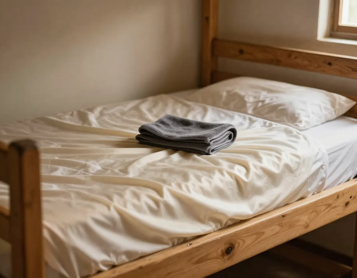 Silk travel sheet and microfiber towel on rustic hostel bunk