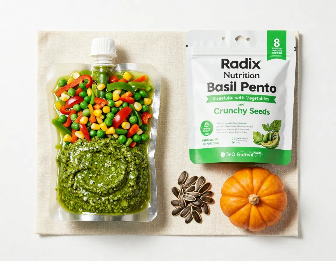 Radix nutrition basil pesto with vegetables and crunchy seeds