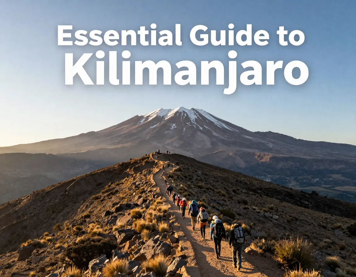 Distant snowy peak hiking trail climbers dawn golden light kilimanjaro