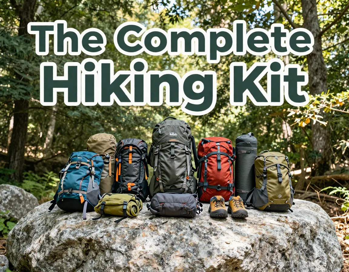 Hiking gear essentials laid out on forest rock mens apparel
