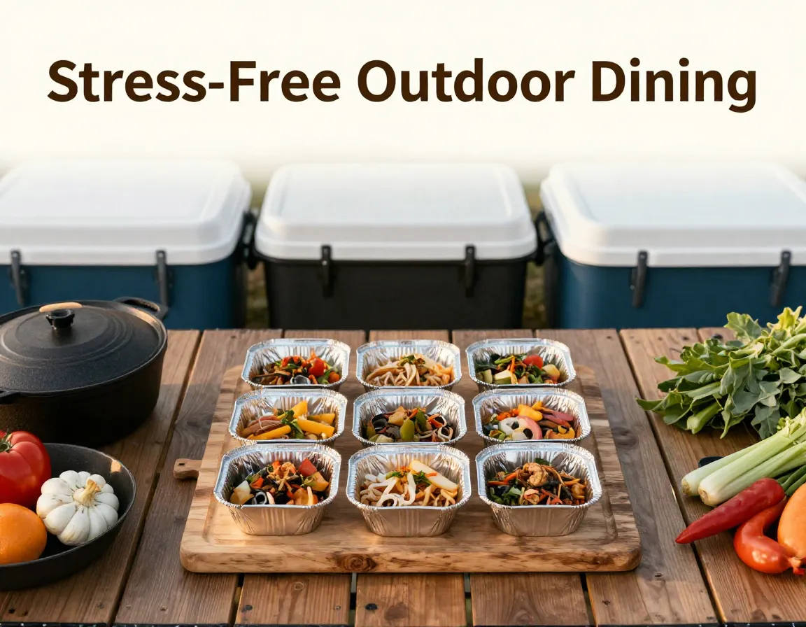 Prepare ahead camping meal flat lay with foil packet and gear