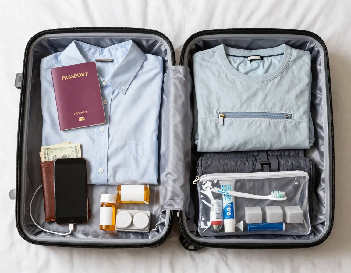 A well organized carry on bag with passport phone clothes and toiletries