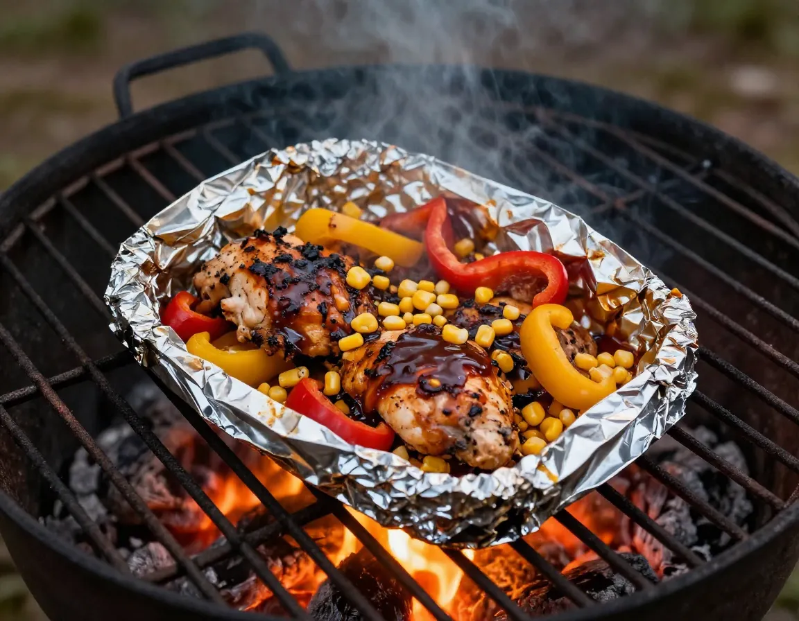 Bbq chicken foil pack with bell peppers corn and sauce grilling over campfire