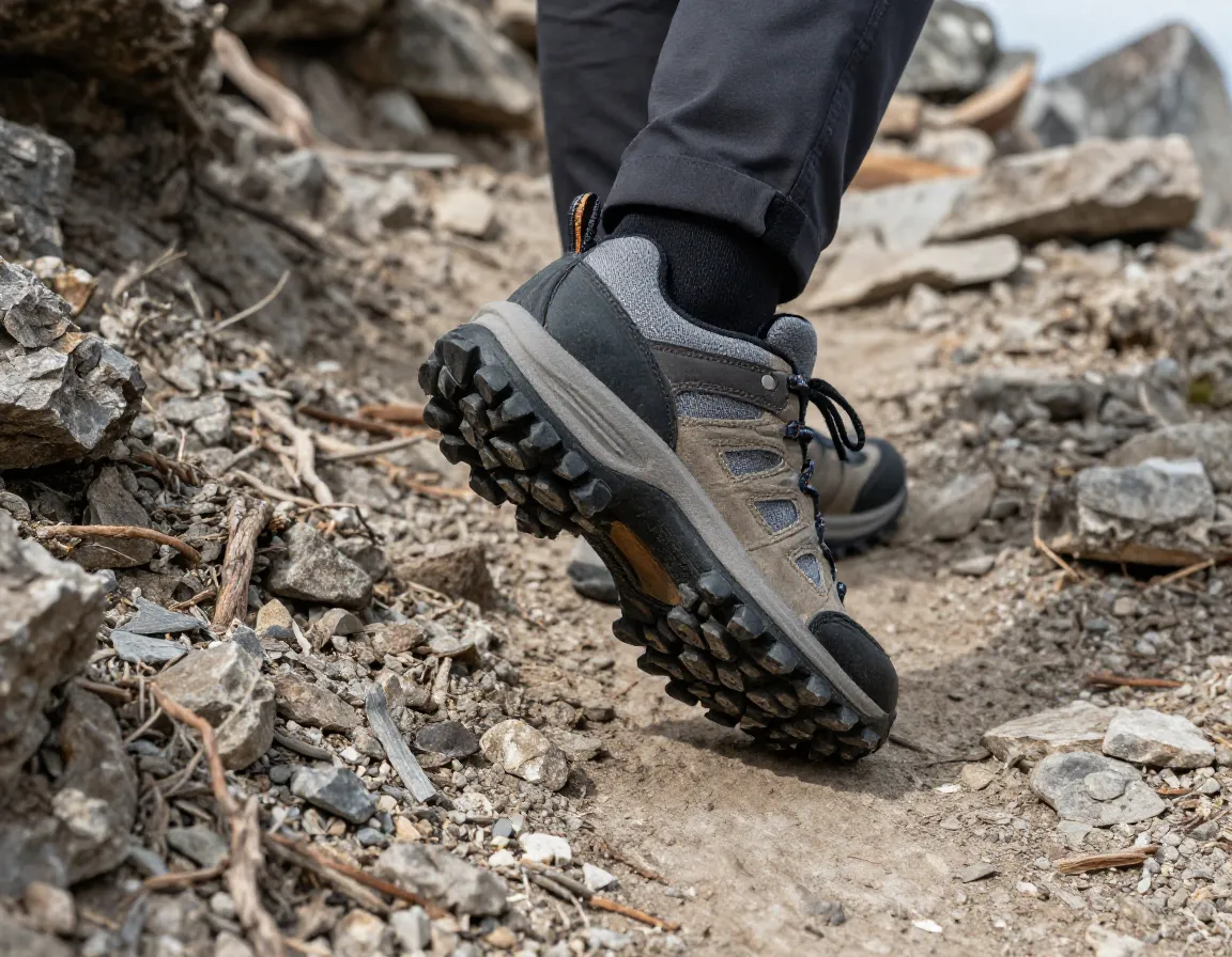 Outdoor footwear on rocky trail path low cut hiker