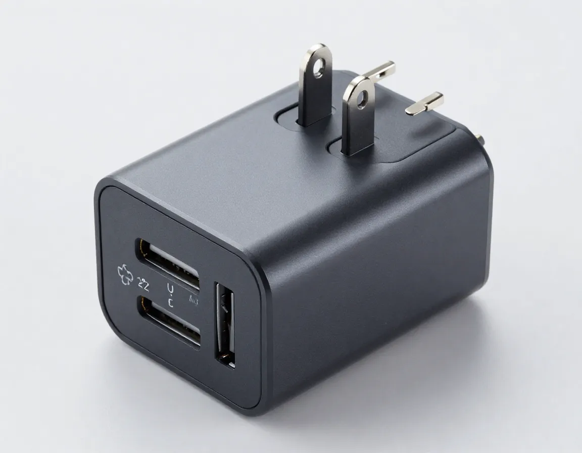 A compact universal travel adapter with multiple international plug types
