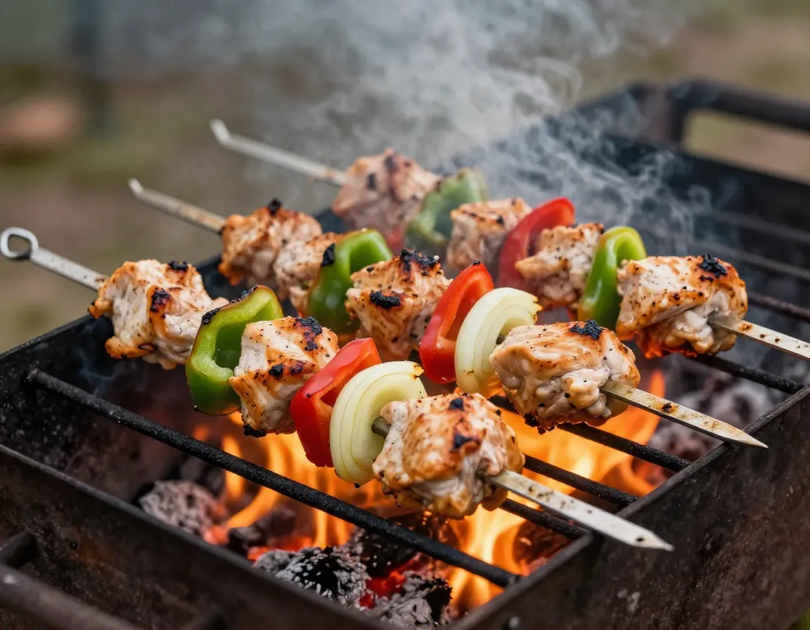 Chicken fajita strips with onions peppers on skewer over campfire grill