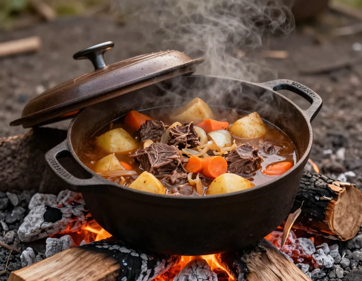 Hearty beef stew in cast iron pot reheating over campfire embers