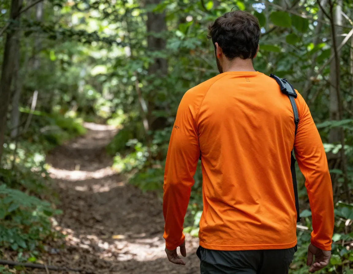 Long sleeve bright orange upf hiking shirt on forest trail