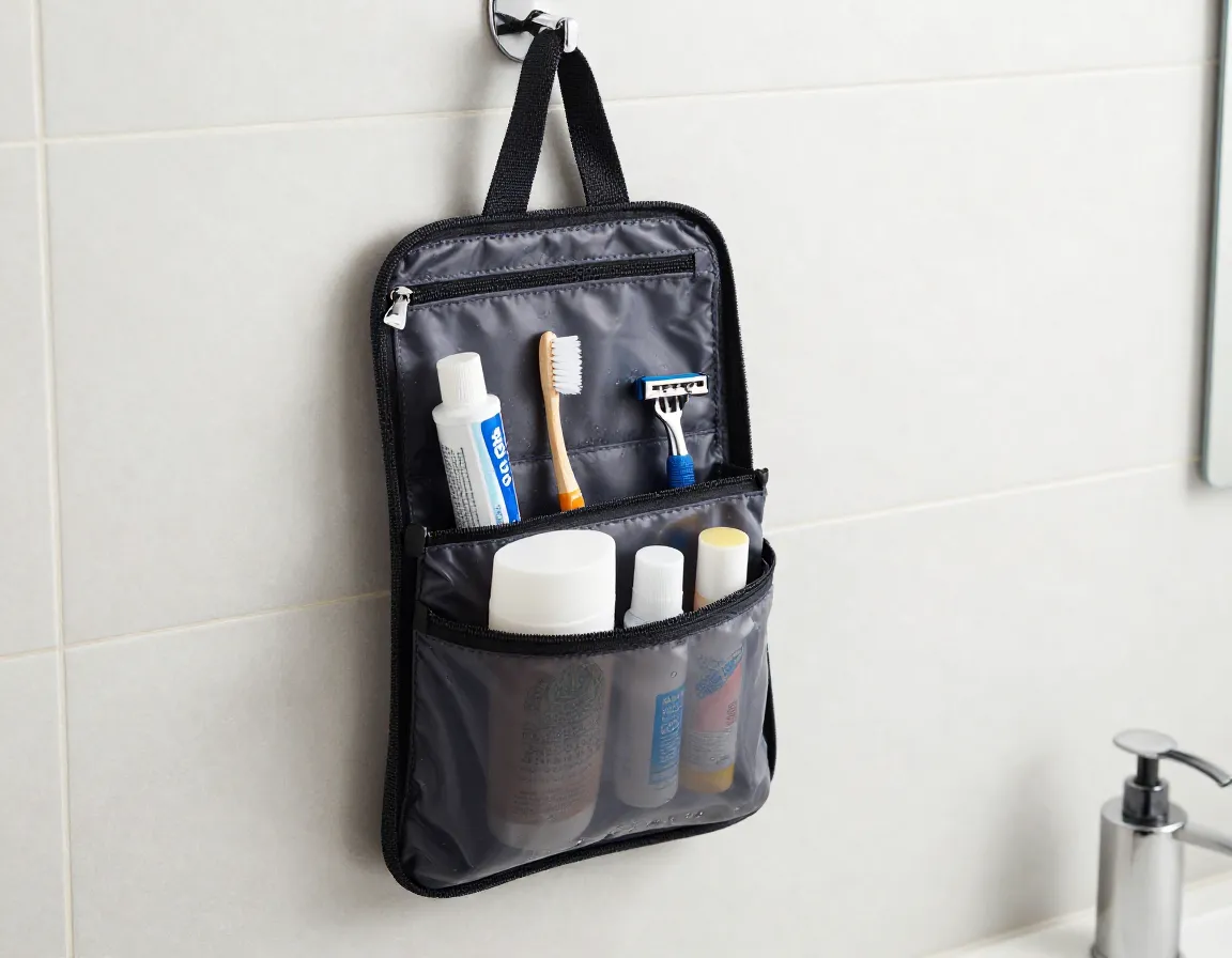 A minimalist hanging toiletries kit with travel size essentials