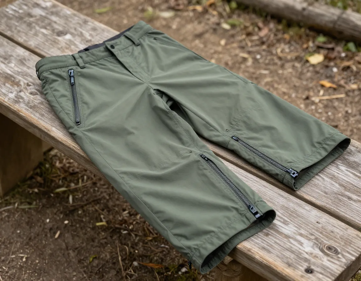 Convertible hiking pants zipped into shorts on wooden bench