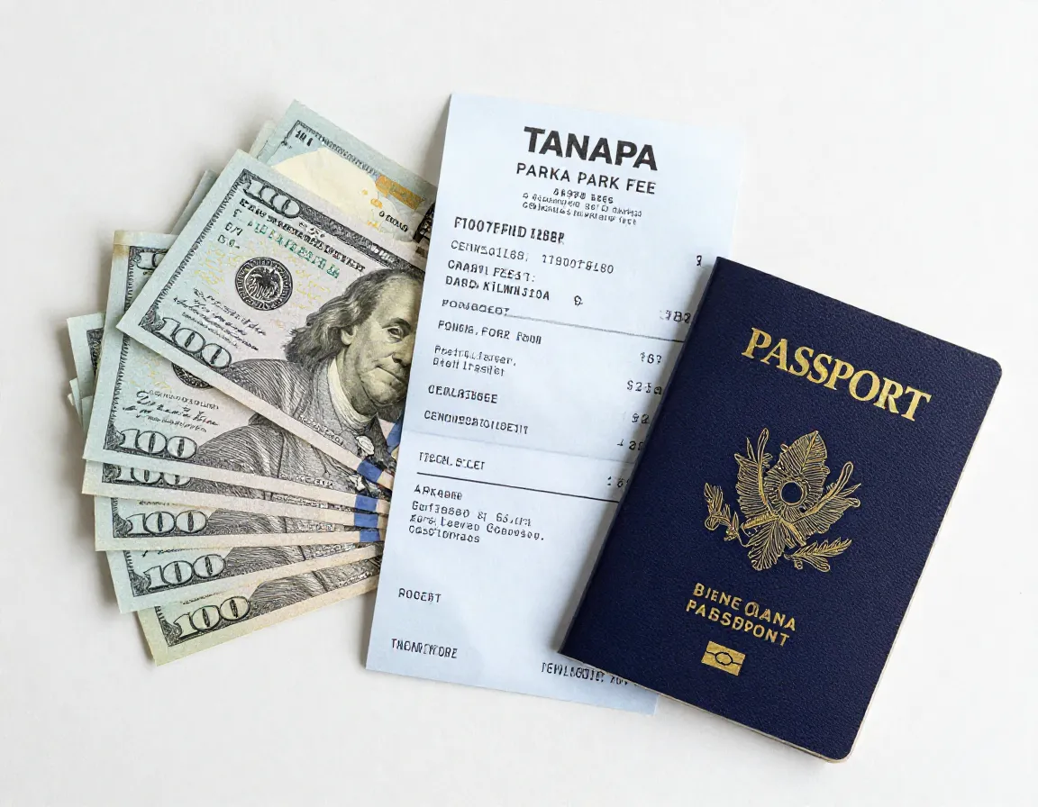 Stack of us dollars and park fee receipt for kilimanjaro climber