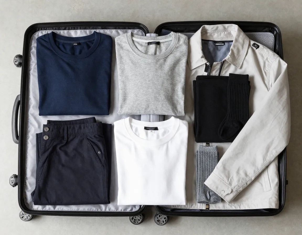 A minimalist travel wardrobe of neutral colored shirts pants and a jacket