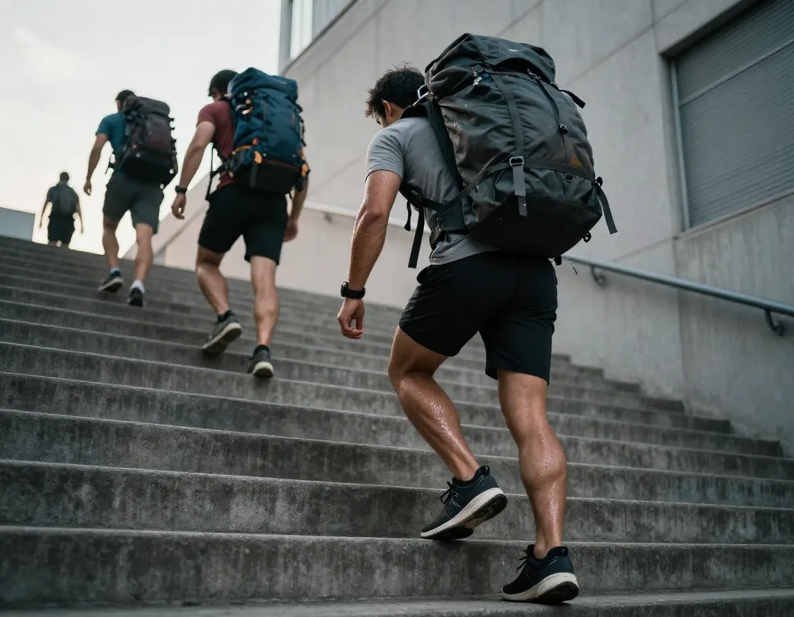 Athlete training with weighted backpack on steep urban stairs