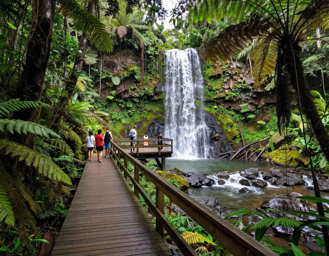 Minnamurra rainforest boardwalk leading to cascading waterfall