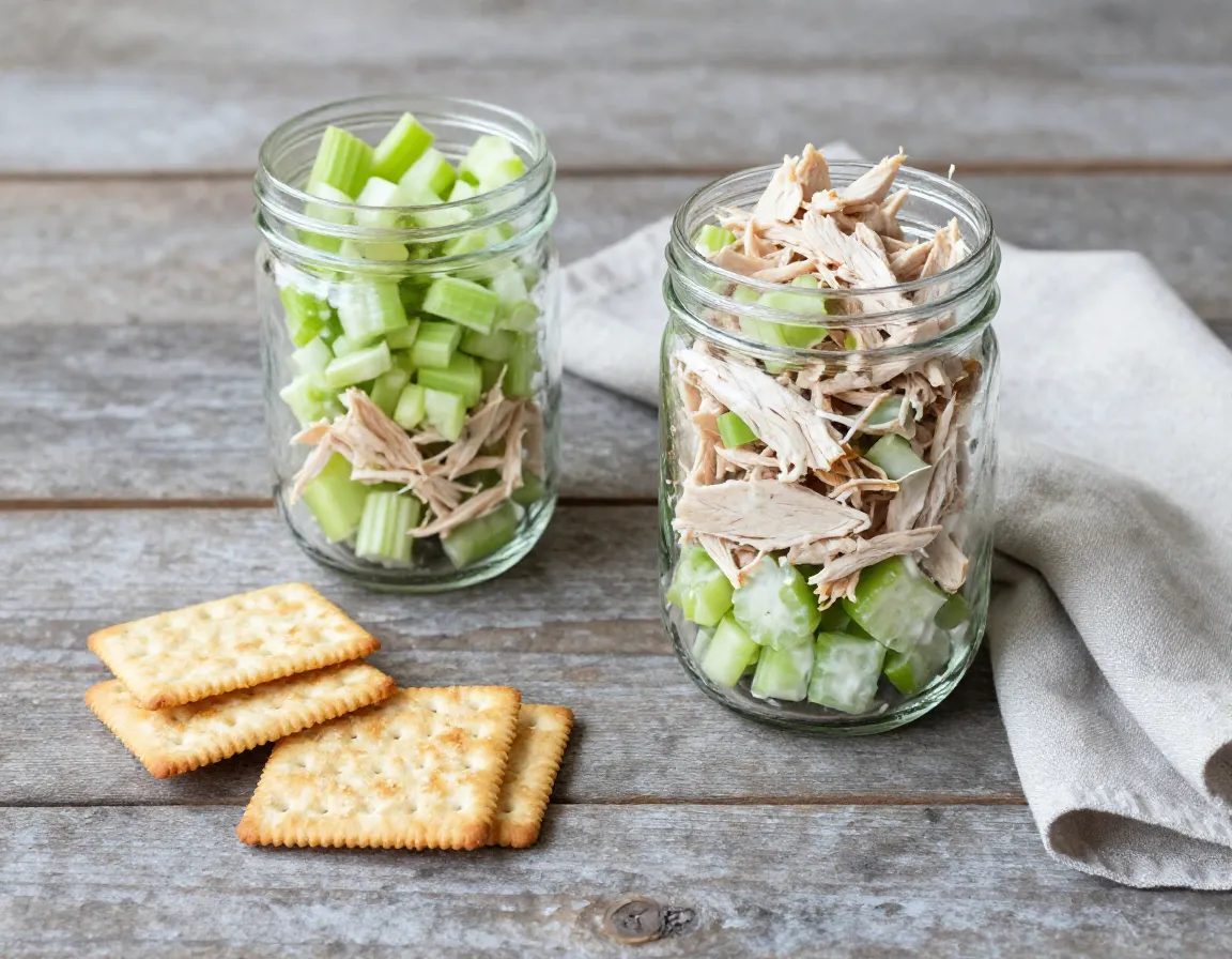 Shredded chicken salad with celery in jar beside crackers on table