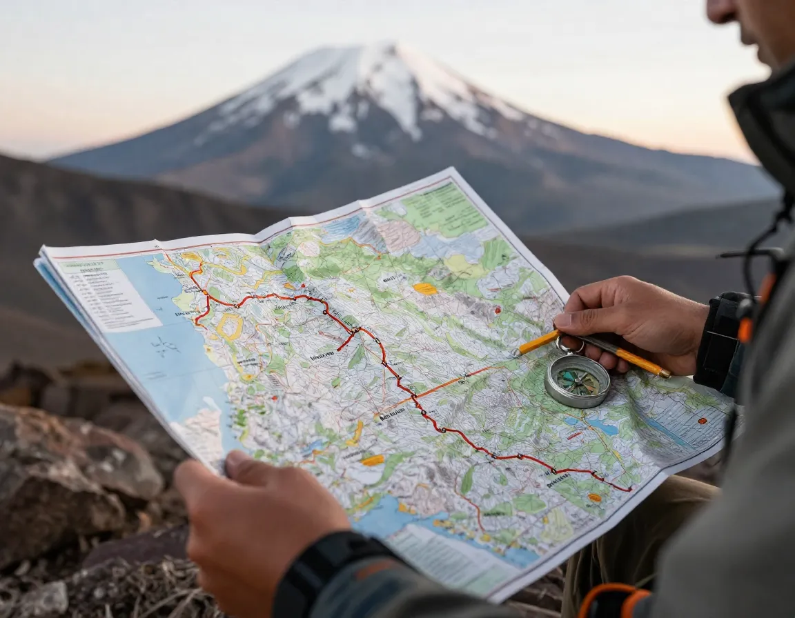 Climber studying map of long lemosho route on kilimanjaro