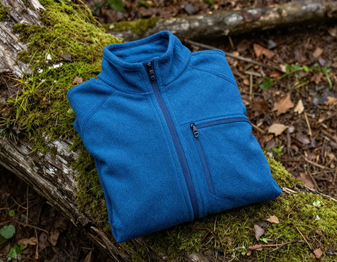 Lightweight blue fleece jacket packed into its own pocket