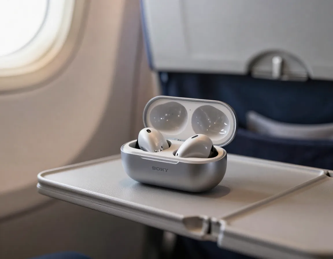 Noise canceling earbuds in a charging case on an airplane tray table