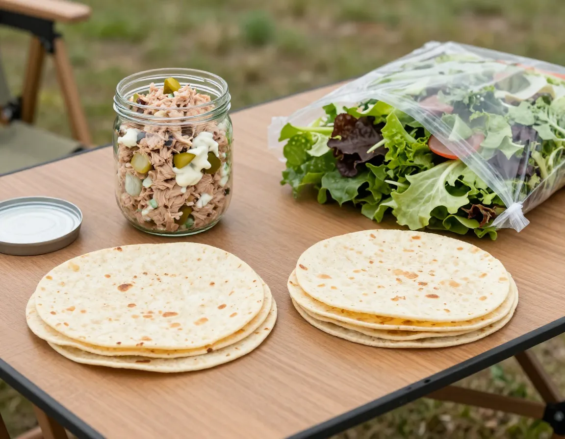 Tuna salad in glass jar next to tortillas and greens on camp table