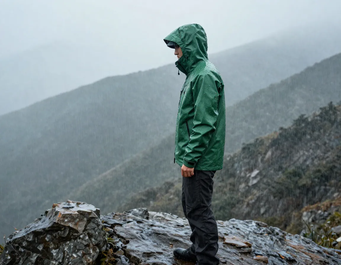 Green waterproof breathable rain jacket in mountain rainfall