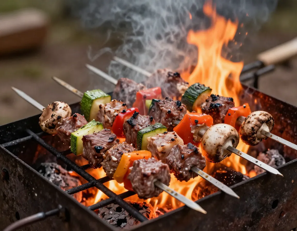 Marinated beef and vegetable skewers grilling over campfire flames
