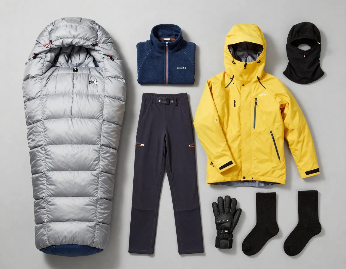 Mountaineering gear laid out for extreme cold and hot temperatures