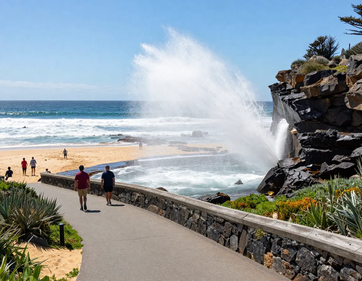 Kiama blowhole point loop walk with surf beach and ocean spray