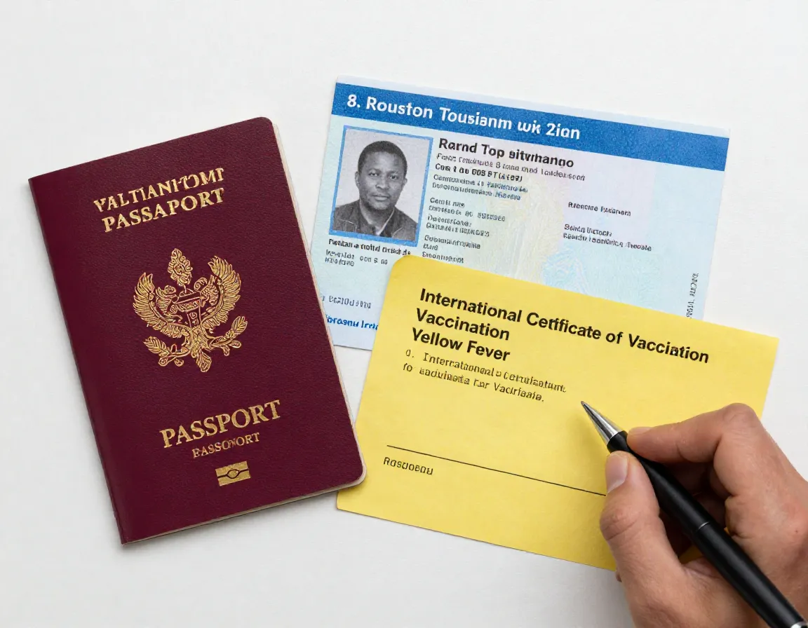 Travel documents passport visa and yellow fever vaccination certificate