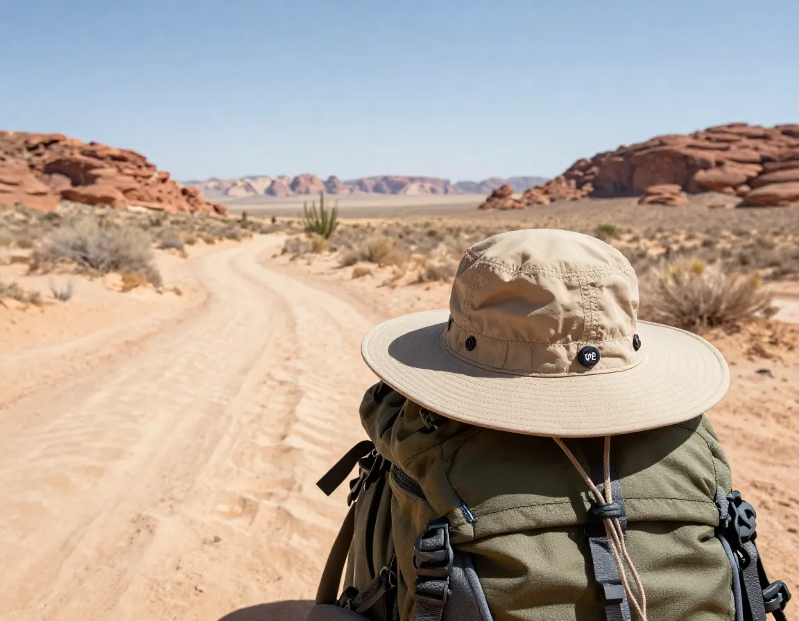 Wide brimmed upf sun hat on desert hiking trail