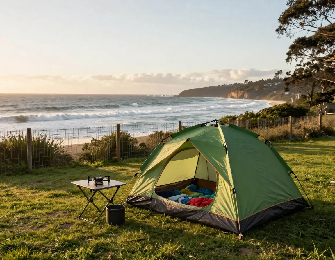 Kiama coast holiday park campsite with tent overlooking ocean