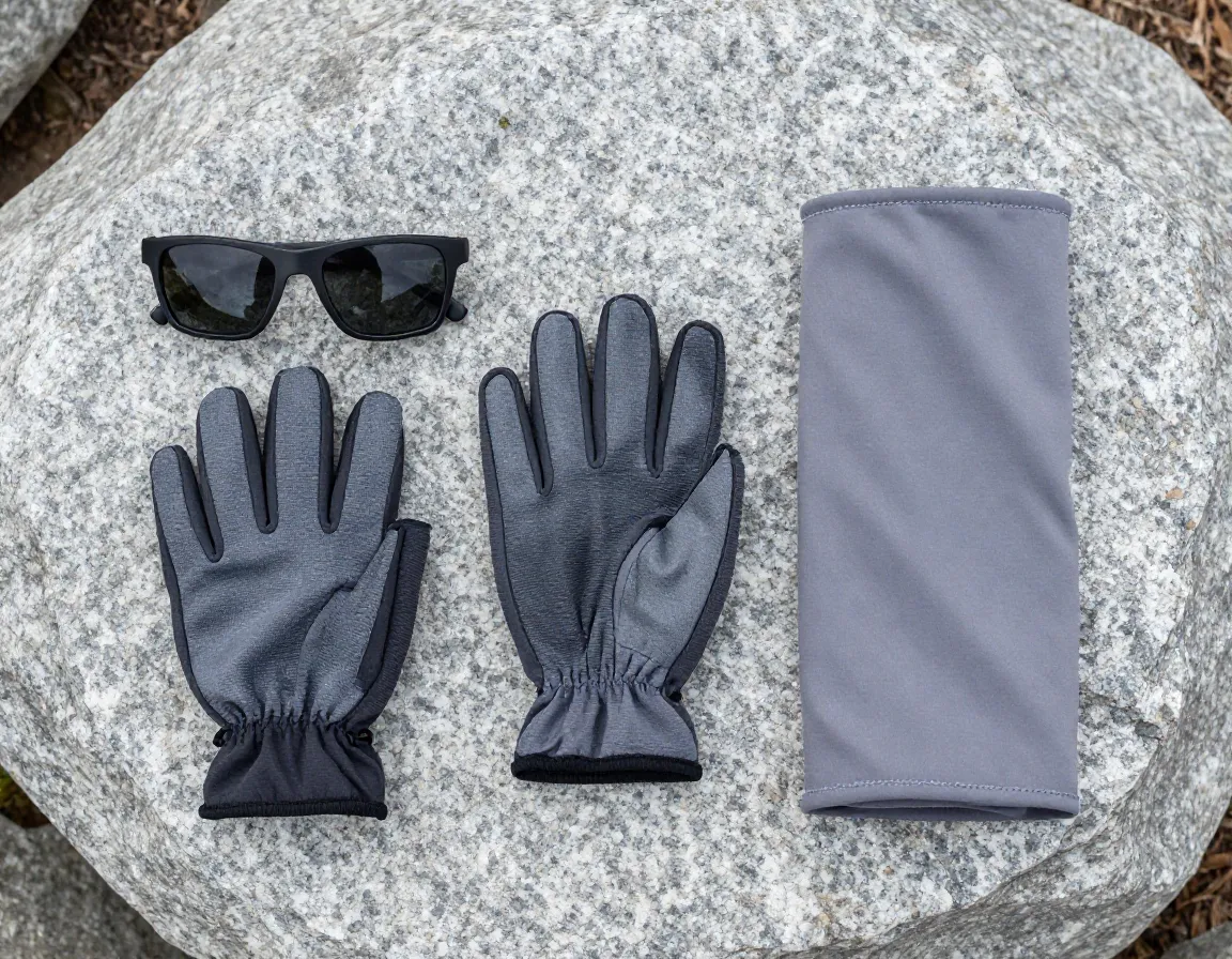 Sunglasses gloves buff gaiter accessories on granite rock