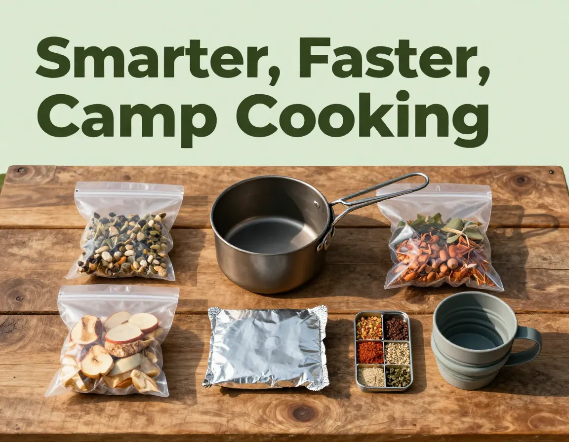 Overhead campsite kitchen flatlay with prep portioned gear titanium pot