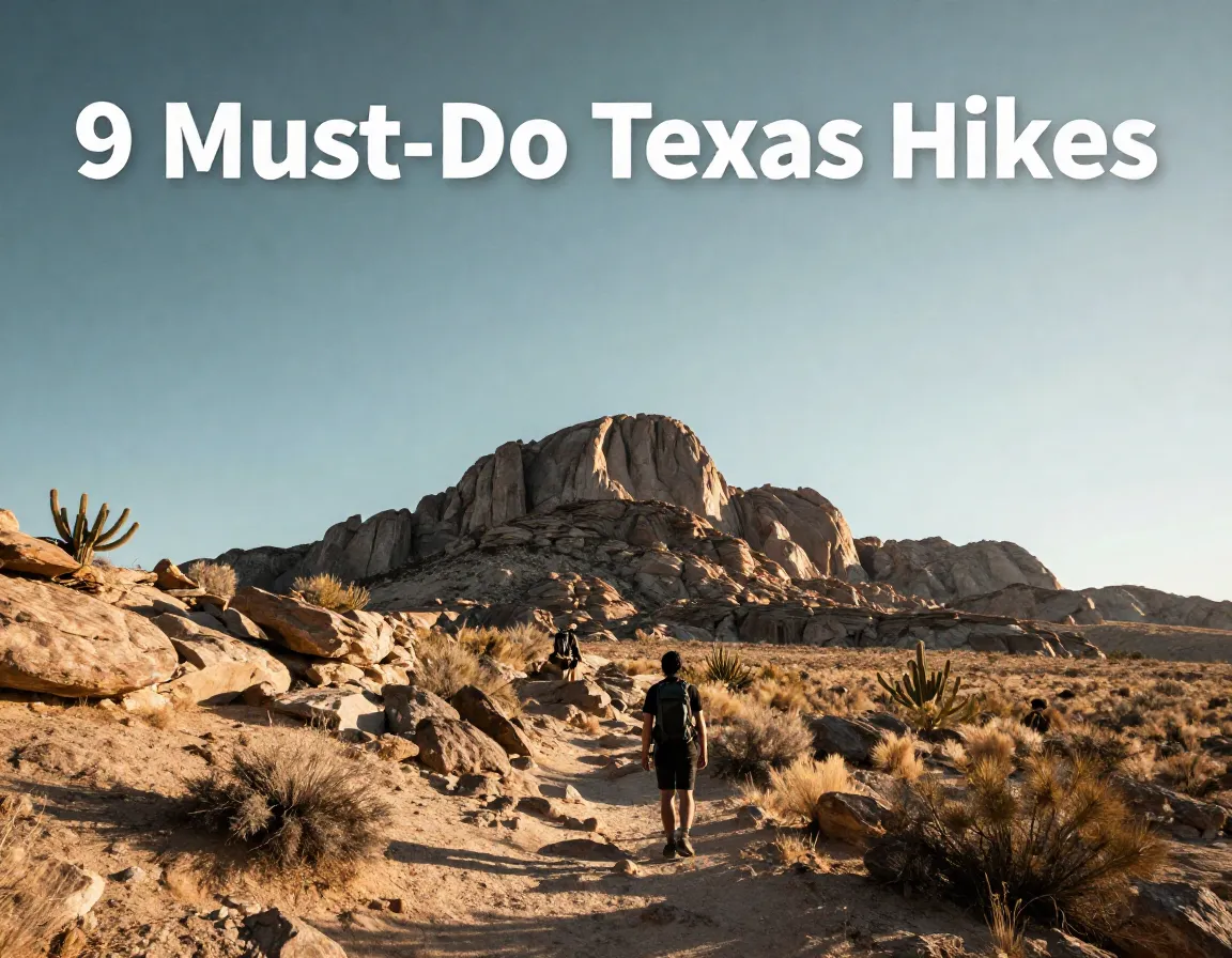 Silhouetted hiker on trail facing guadalupe peak under vast sky