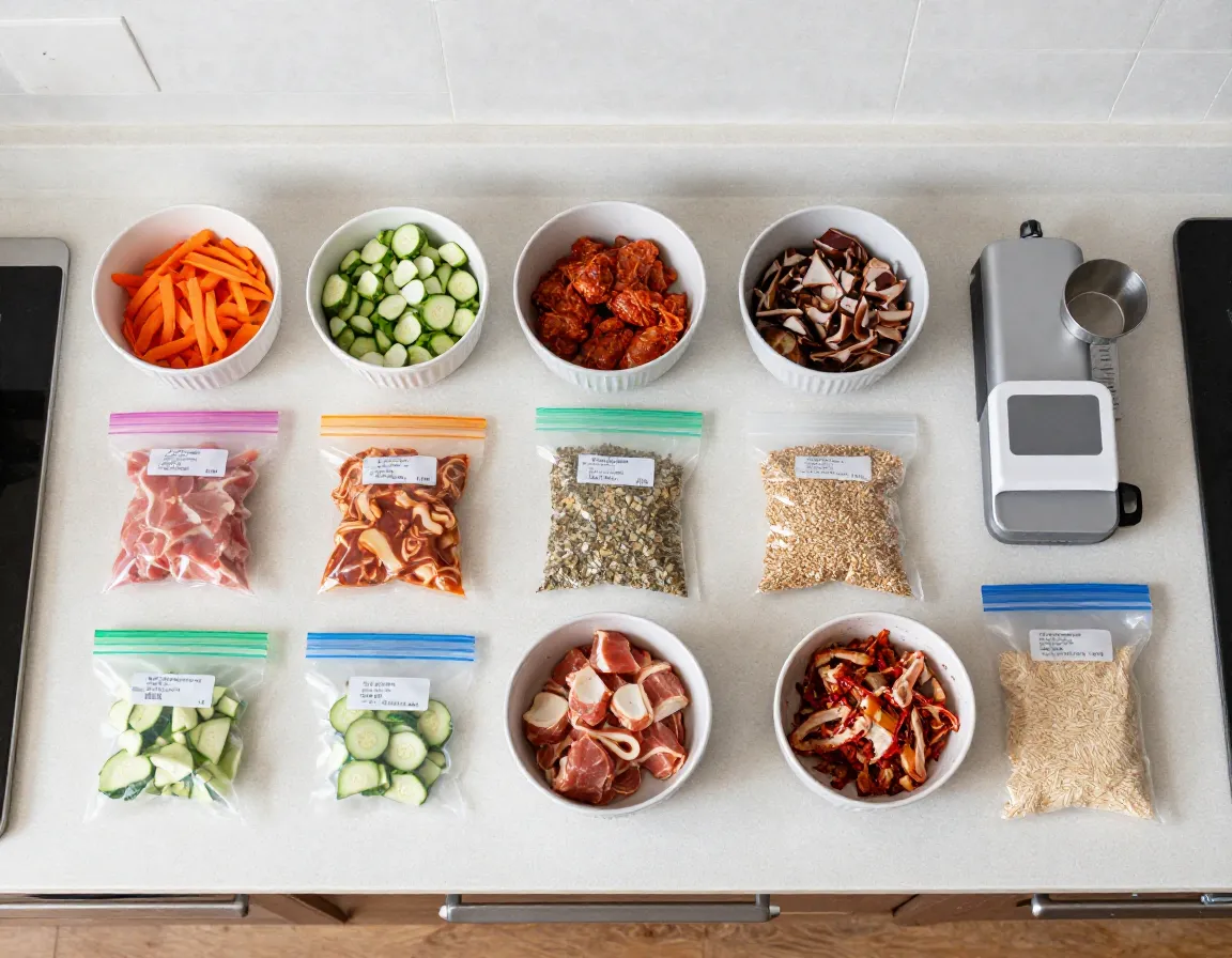 Pre prepared ingredients organized on kitchen countertop before camping trip