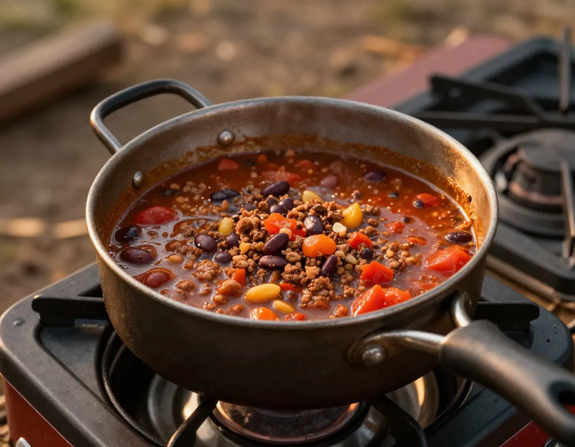 Camp chili cooking in single pot on camp stove