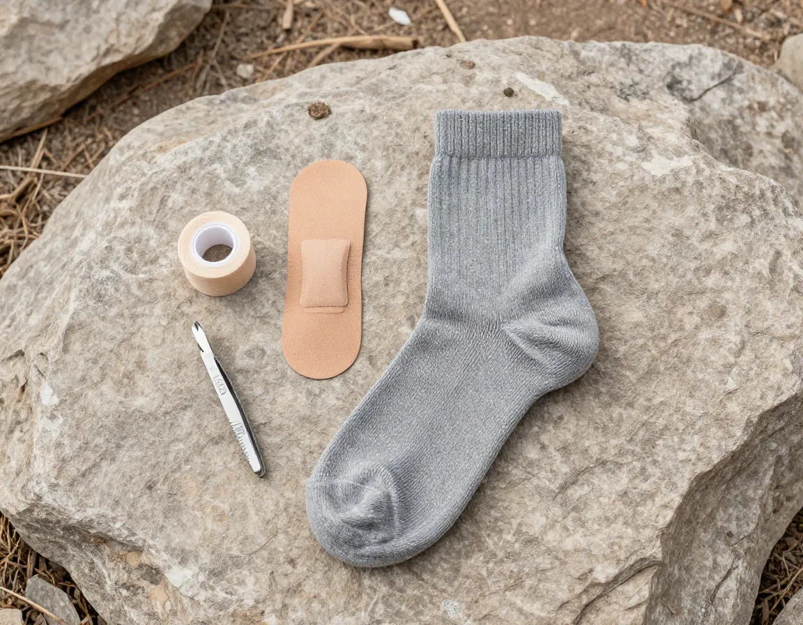 Darn tough merino wool sock and blister pad on trail