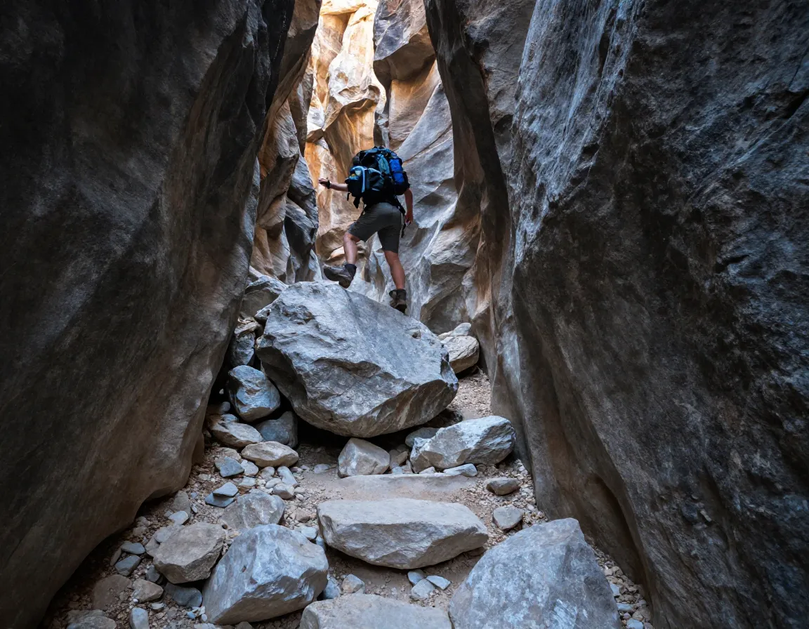 Devils hall slot canyon hiker boulder hopping limestone walls