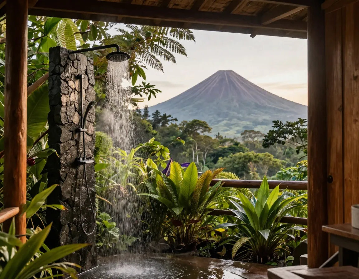 Private bungalow outdoor jungle shower arenal volcano view