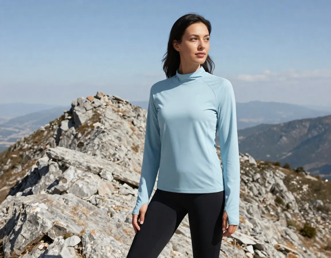Woman in upf long sleeve shirt on an exposed mountain ridge