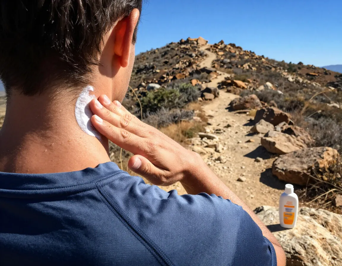Applying reef safe sunscreen on neck at sunny ridgeline trailhead