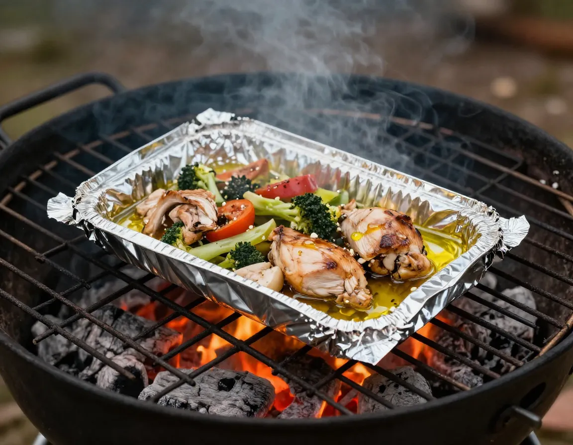 Foil packet meal sealed on camp grill over hot coals