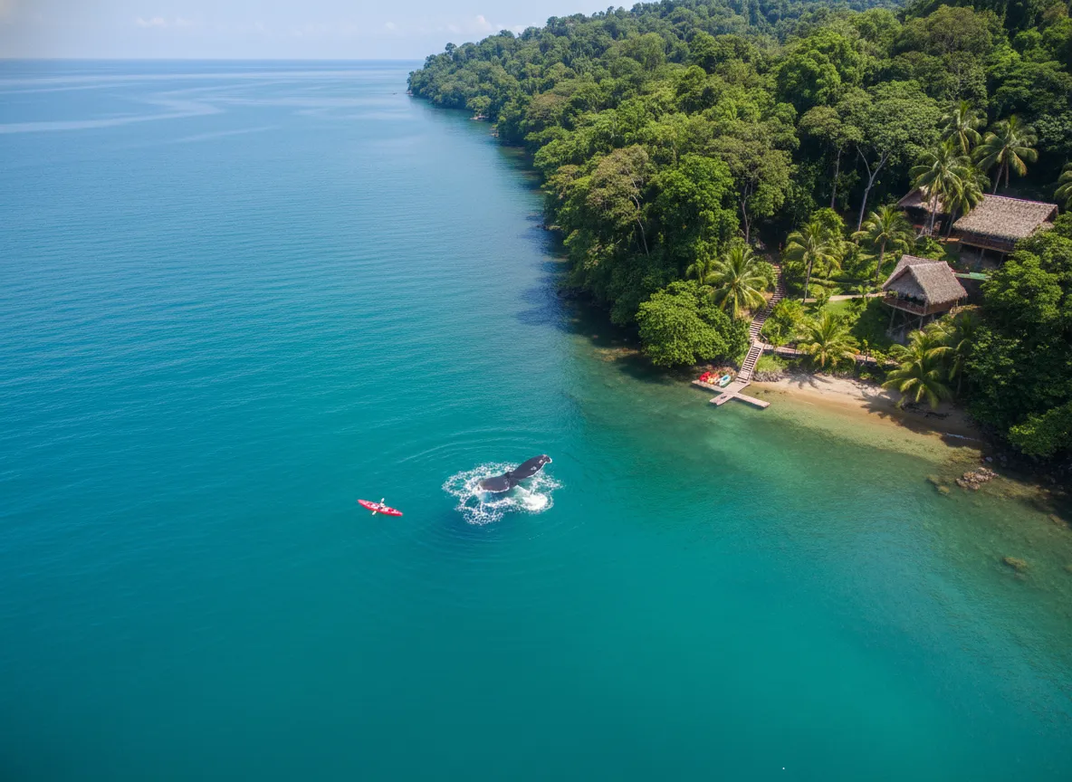 Kayak whale watching pacific ocean jungle coastline resort