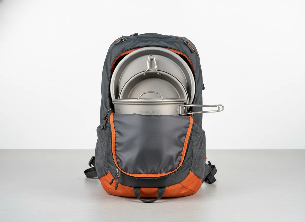 Titanium nesting cookware set stacked in backpack