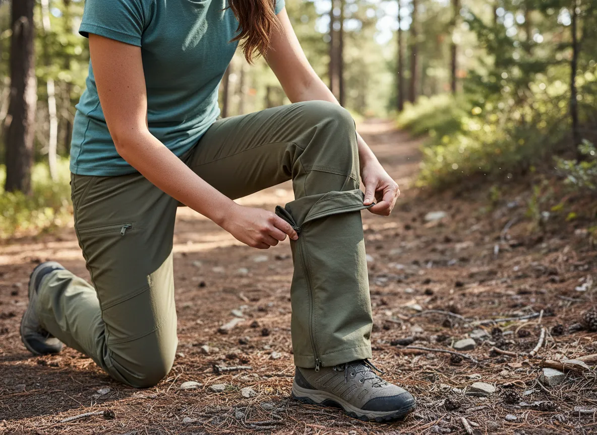 Woman converting zip off hiking pants to shorts on a trail