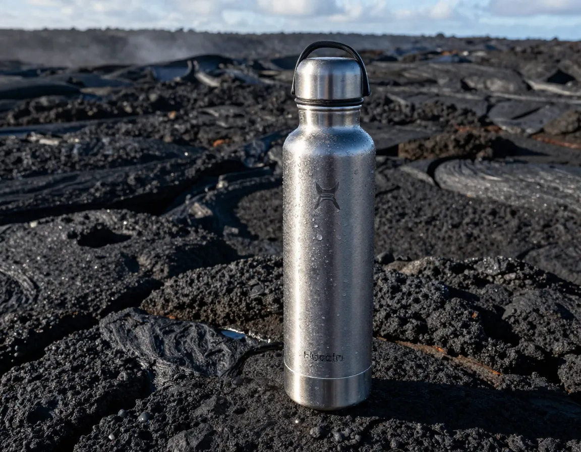 Hydroflask with cold condensation on hot lava field hike