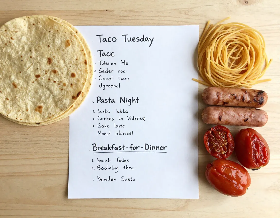 Themed meal plan written on paper next to groceries